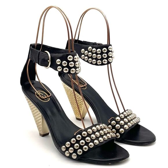 ASH Gold Studded Black Leather Ankle Cuff Heeled Strappy Sandals Size 38 | US 7 - Picture 7 of 16